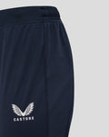 Navy England Rugby drill pants close up showing the rose crest and O2 logo on the right thigh and Castore logo on the left thigh
