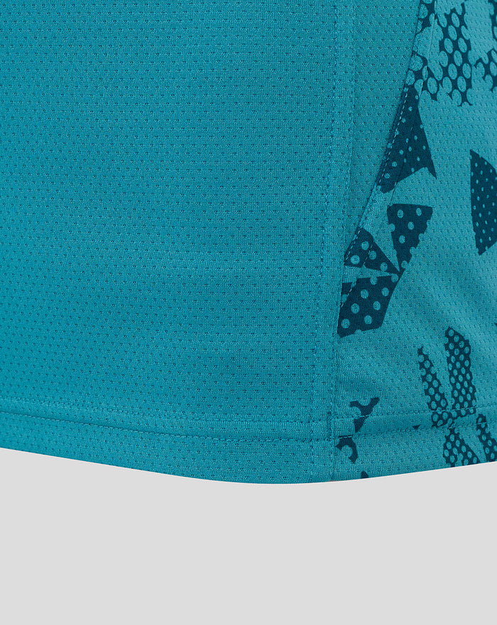 Close-up of storm blue perforated fabric with a side panel abstract print from Women’s England Rugby sleeveless T shirt