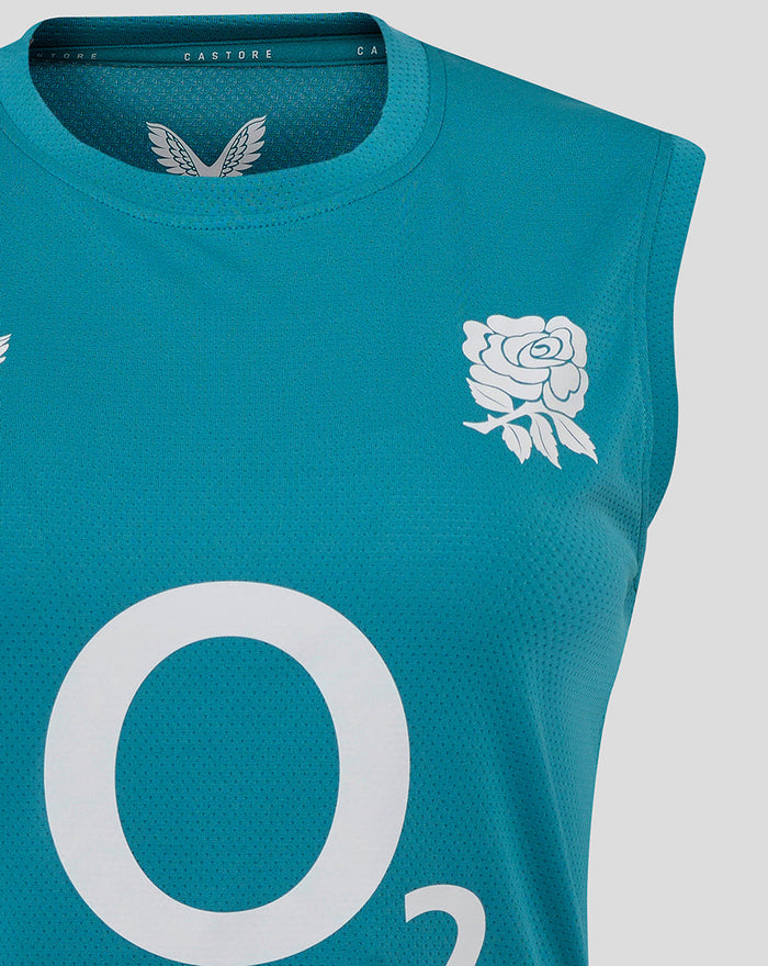 Close-up of upper chest showing Castore branding on storm blue England Rugby sleeveless tee