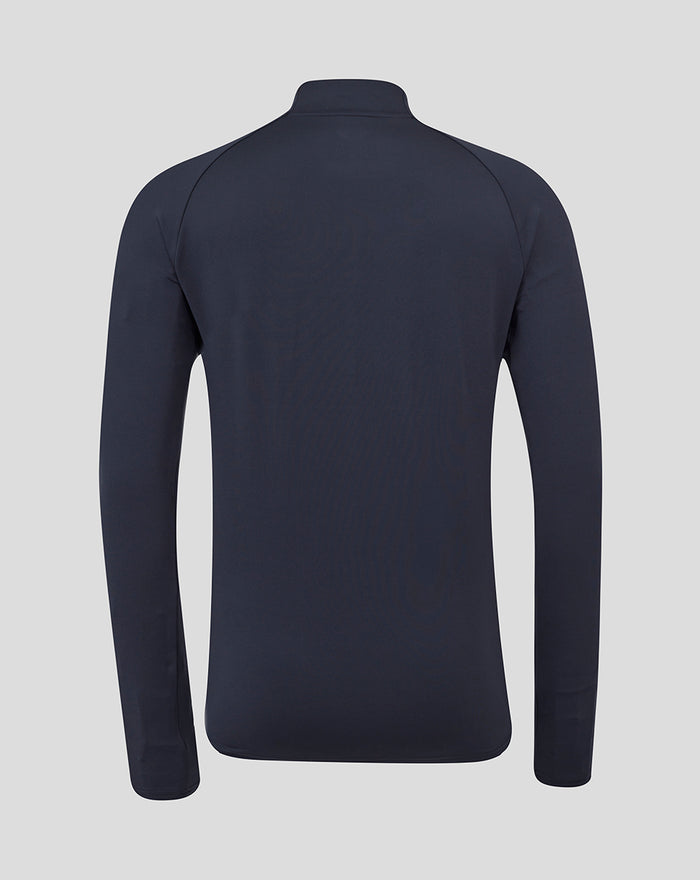 Back view of Women’s England Rugby Performance Long Sleeve Midlayer Top in Inkwell navy with neat shoulder seams and raised collar