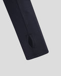 Close-up of navy sleeve with a small vent opening near the cuff on the long sleeve midlayer