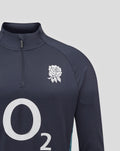 Close-up of navy Women’s England Rugby midlayer with funnel neck and quarter-zip, rose crest on left chest and prominent O2 logo