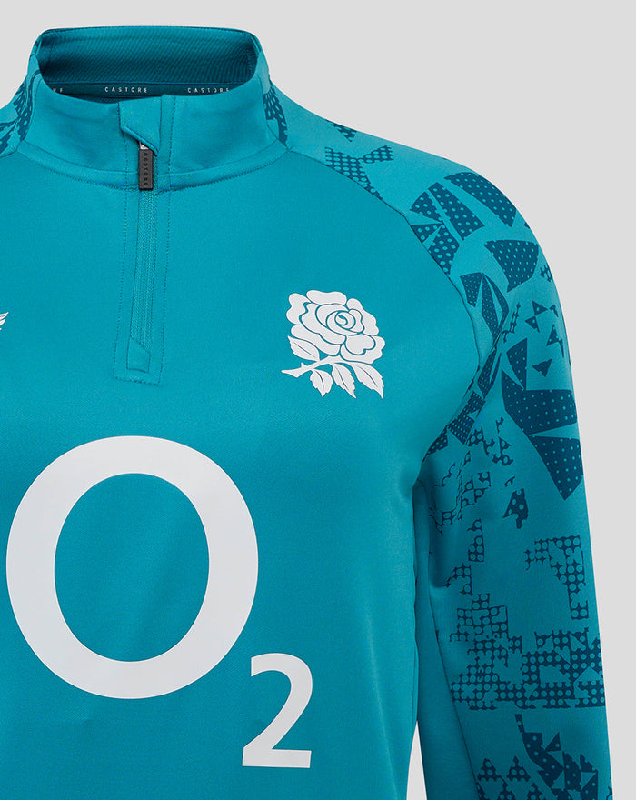 Front close-up of storm blue midlayer with center front quarter-zip large O2 logo on center body and rose crest on left chest