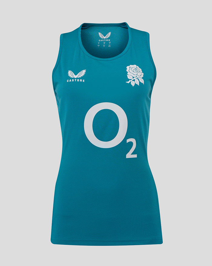 Front view of storm blue England Rugby women's sleeveless top with large center O2 logo, rose crest left chest, Castore logo right chest, and side panel print