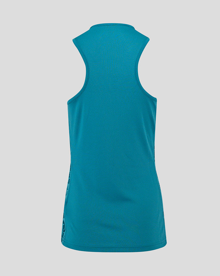 Back view of storm blue England Rugby sleeveless racer-back top with abstract side panels