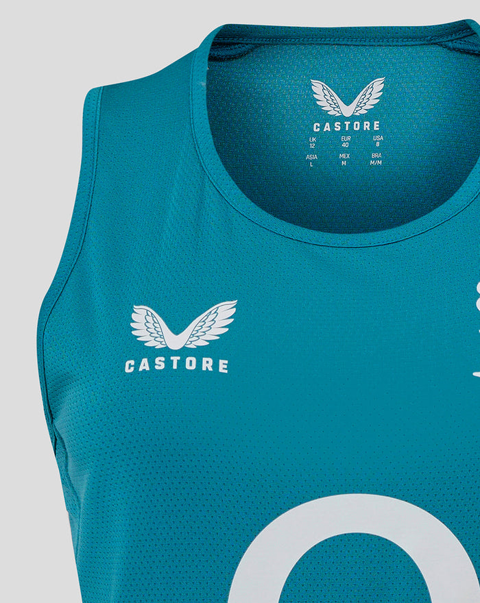 Storm blue England Rugby sleeveless performance jersey close up chest with central O2 logo, rose crest, and Castore branding