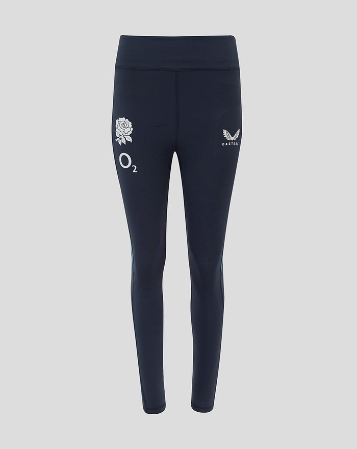 Women’s navy England Rugby performance leggings with high waist and white rose crest and O2 logo on the right thigh and Castore logo on the left thigh.