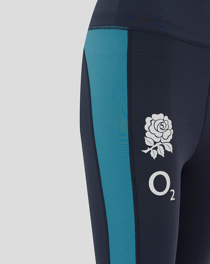 Close-up of the teal side panel on Women’s England Rugby Performance Leggings with O2 logo and rose crest