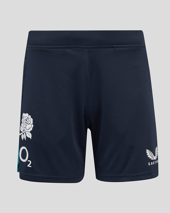 Back view of navy knit shorts with teal side panel; rose crest on right thigh, O2 logo on right thigh, Castore logo on left thigh