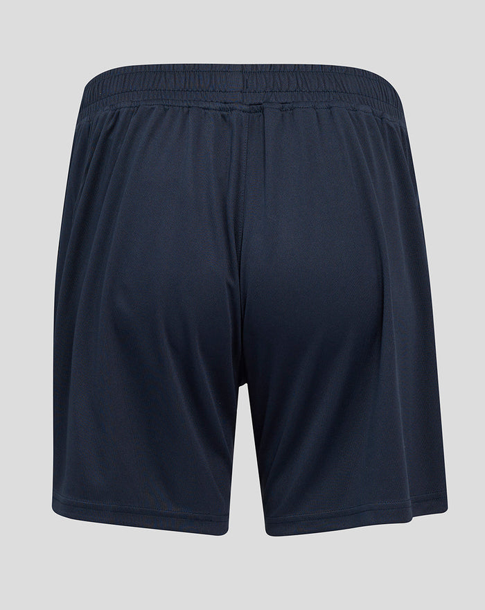 Back view of navy knit shorts highlighting the elasticated waistband