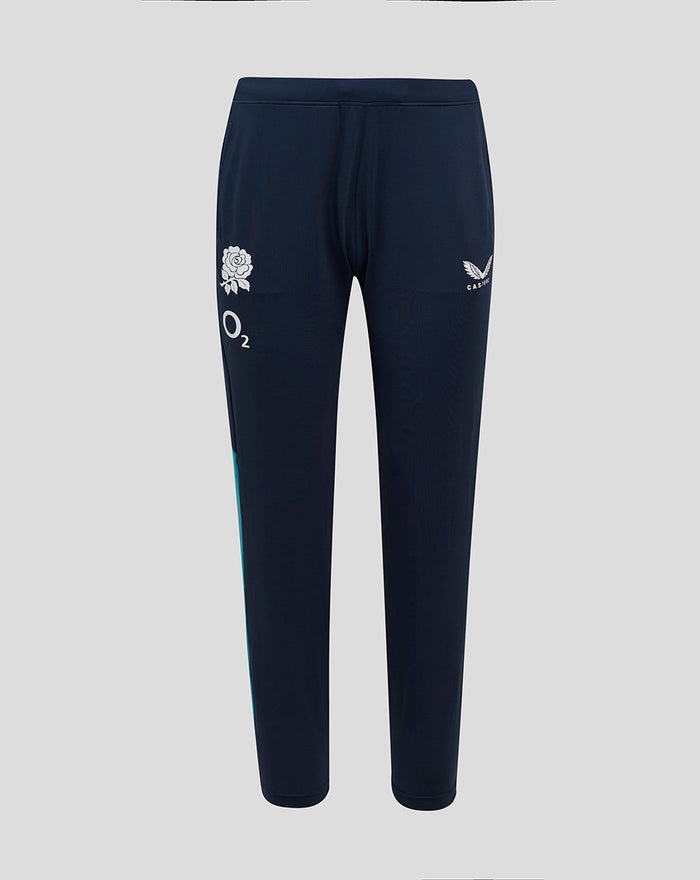 Front view of navy England Rugby knit pants with pockets featuring rose crest and O2 logo on the thighs.