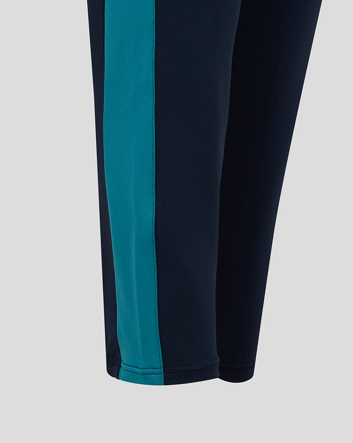 Close up of navy England Rugby knit pants showing a teal side stripe and cuffed hem.