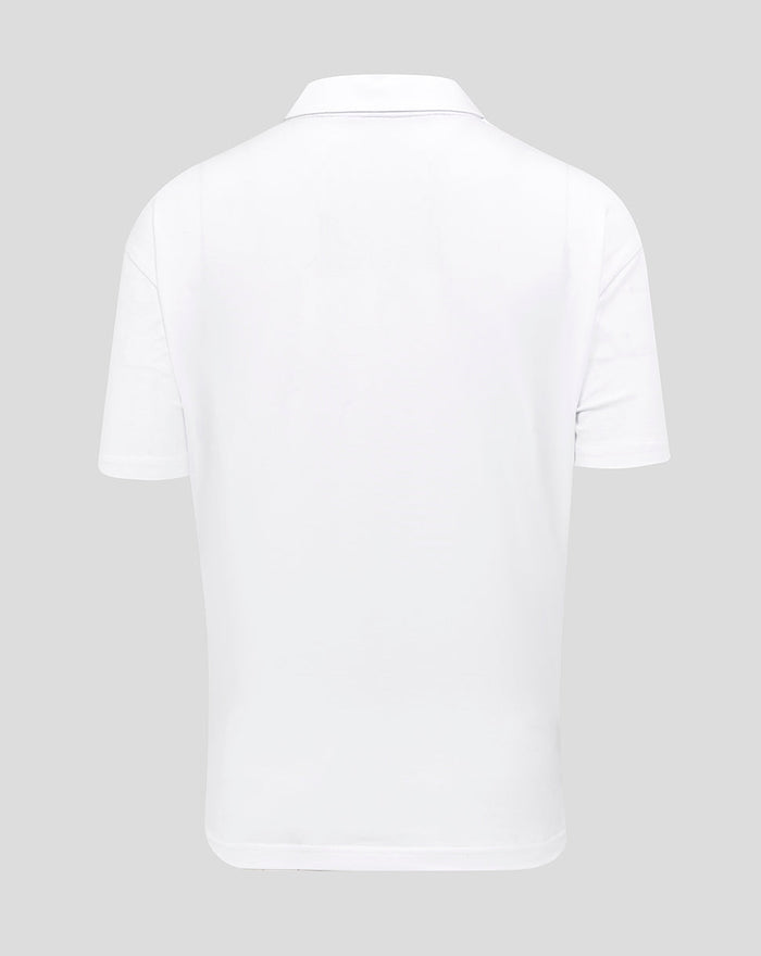 Back view of white England Rugby Travel Short Sleeve Polo showing a clean minimal design and collar
