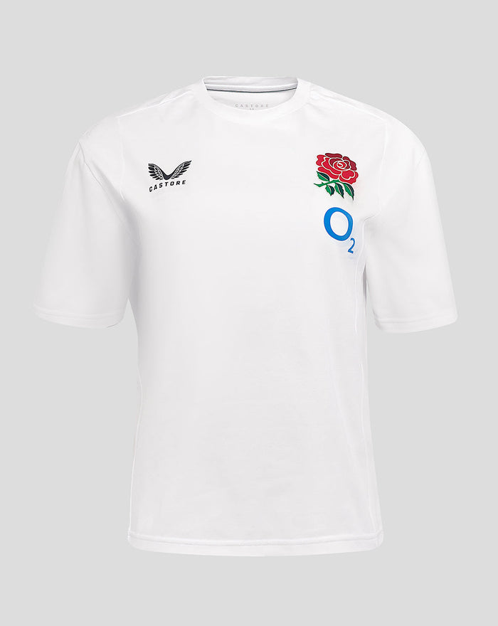 White Travel Short Sleeve Tee with rose crest on left chest and O2 logo on right chest