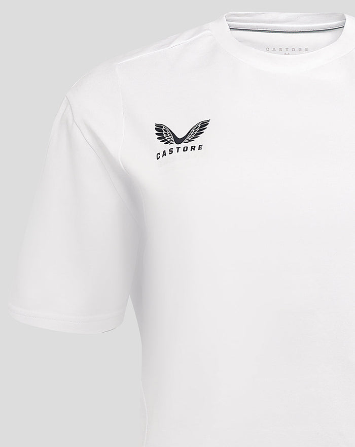 Close up of white England Rugby tee showing Castore logo on the left chest