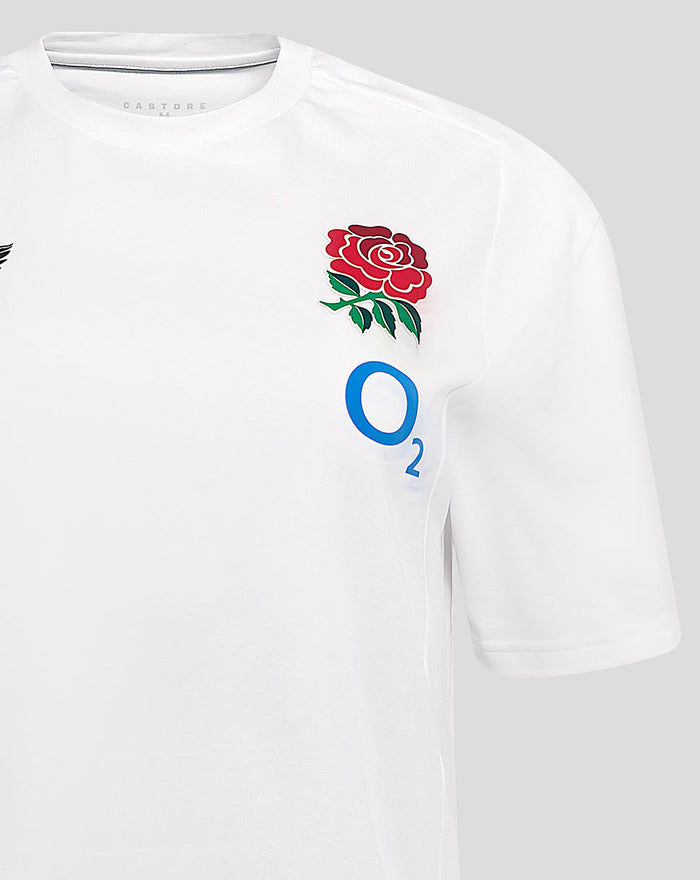 Front view of white England Rugby tee with red rose crest on the left chest and blue O2 graphic