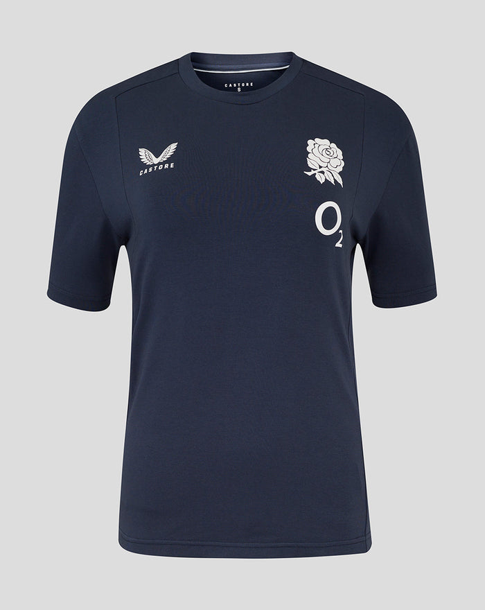 Front view of navy Women’s England Rugby Travel Short Sleeve Tee with rose crest on left chest and Castore logo on right chest