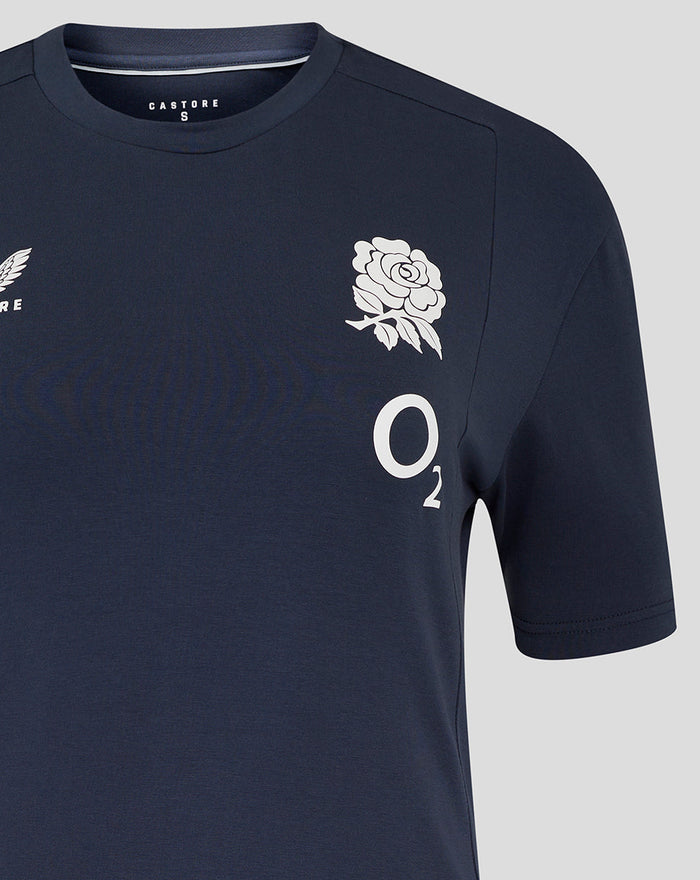 Navy women's England Rugby Travel Short Sleeve Tee with rose crest on left chest and Castore logo on the right chest
