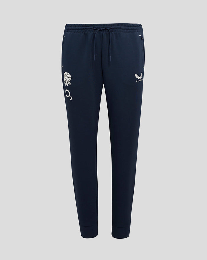 Navy women's England Rugby Travel Knit Pant with external drawcords zip pockets at the sides and logos on both thighs