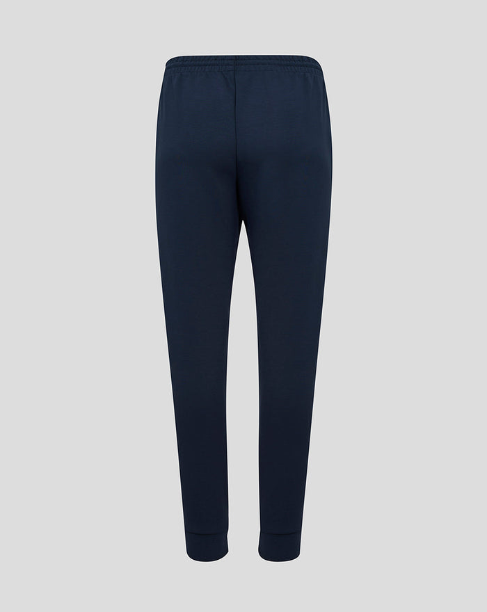 Back view of navy England Rugby Travel Knit Pant showing a drawstring waist and ribbed cuffs