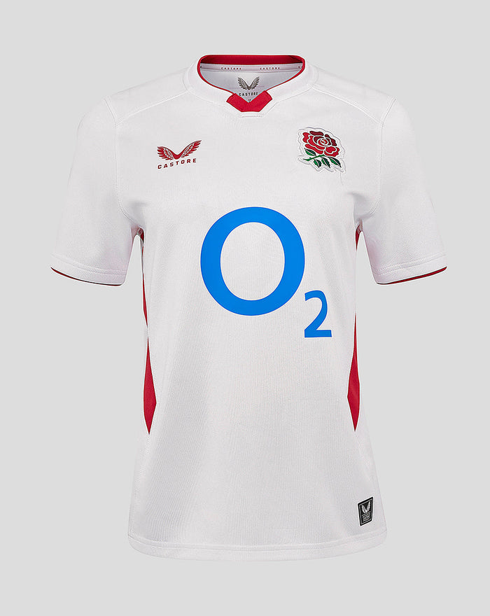 Front view of Women’s England Rugby Home Short Sleeve Shirt in Brilliant White with rose crest on left chest and Castore logo on right chest
