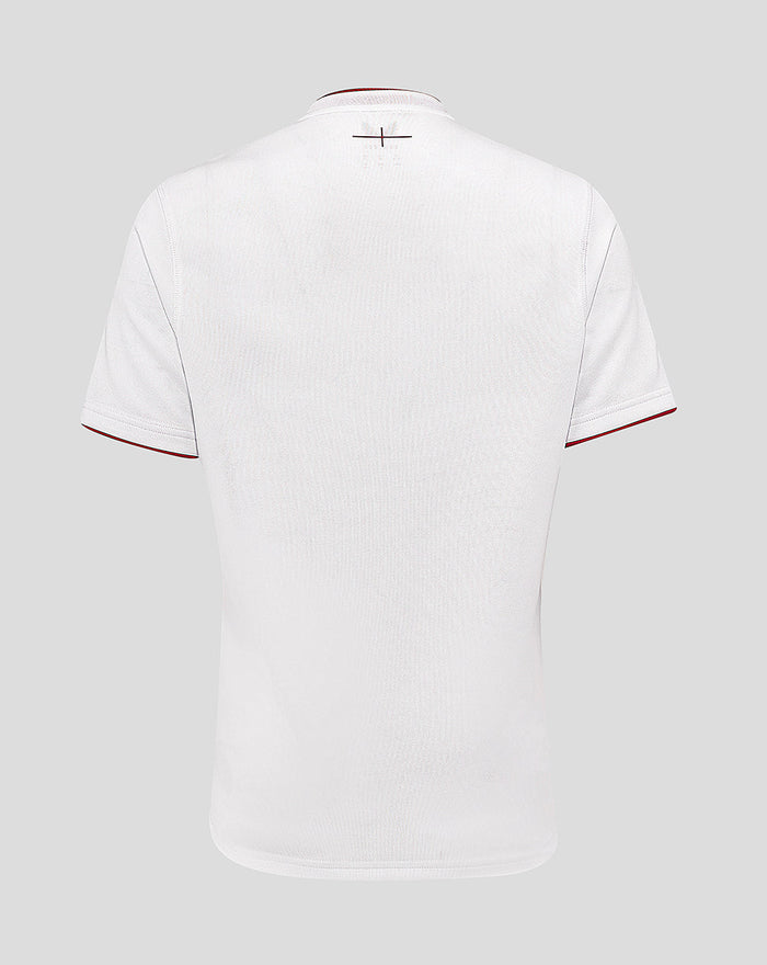 Back view of white England rugby home shirt with embossed fabric and subtle back neck detail