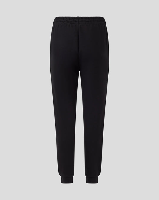 Back view of black travel knit pants with elastic waistband and ribbed cuffs.