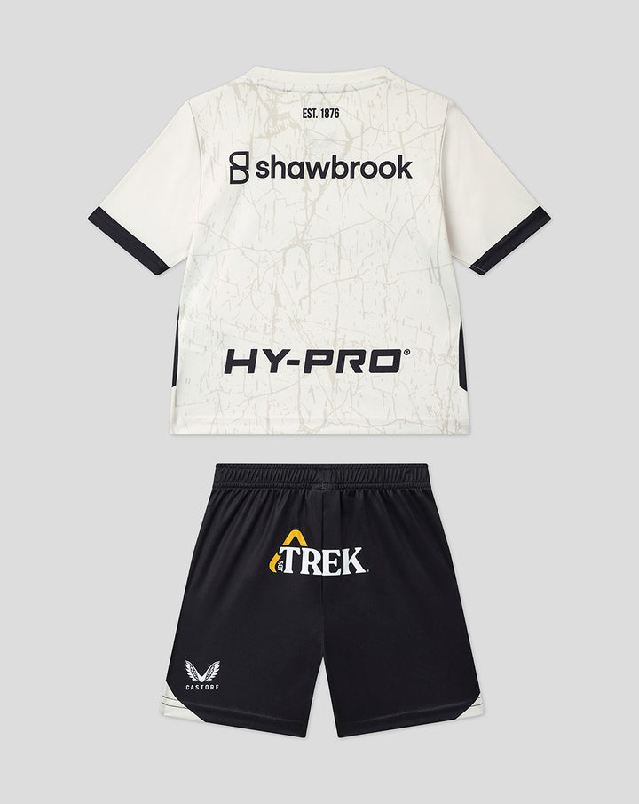 Back view of infant Saracens Away Kit showing shawbrook logo on the shirt and Trek on the shorts