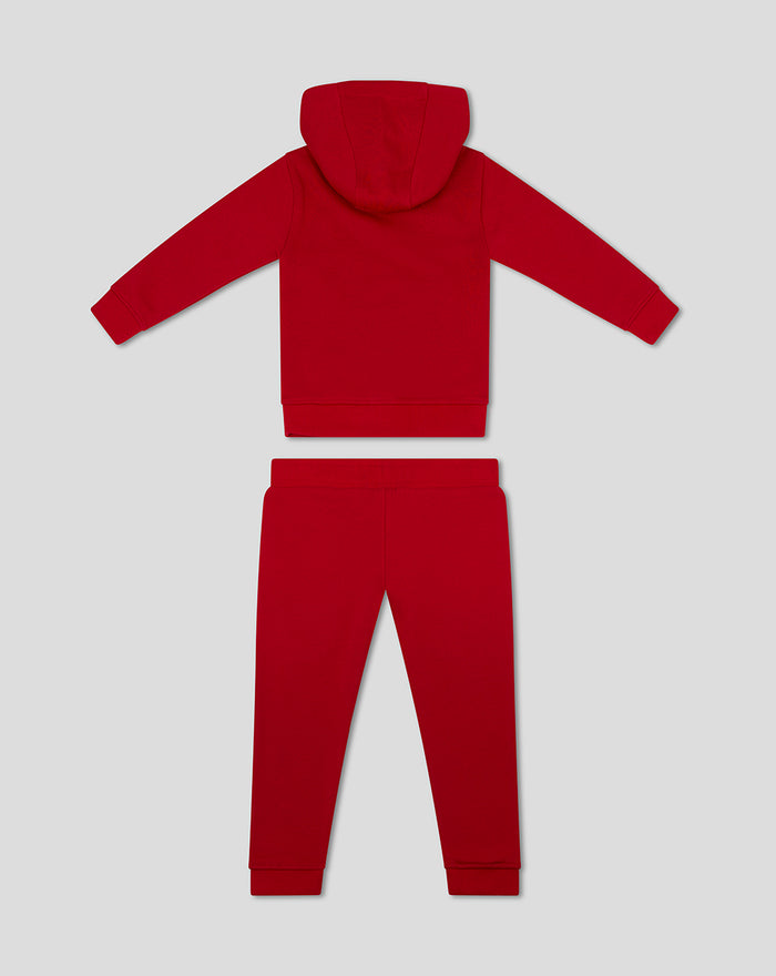 Rear view of the red infant core sweat set with hooded sweatshirt and matching pants