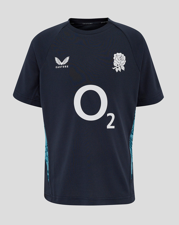 Front view of navy Junior England Rugby performance short sleeve T shirt with rose crest left chest O2 logo center and Castore logo right chest plus abstract side panel print