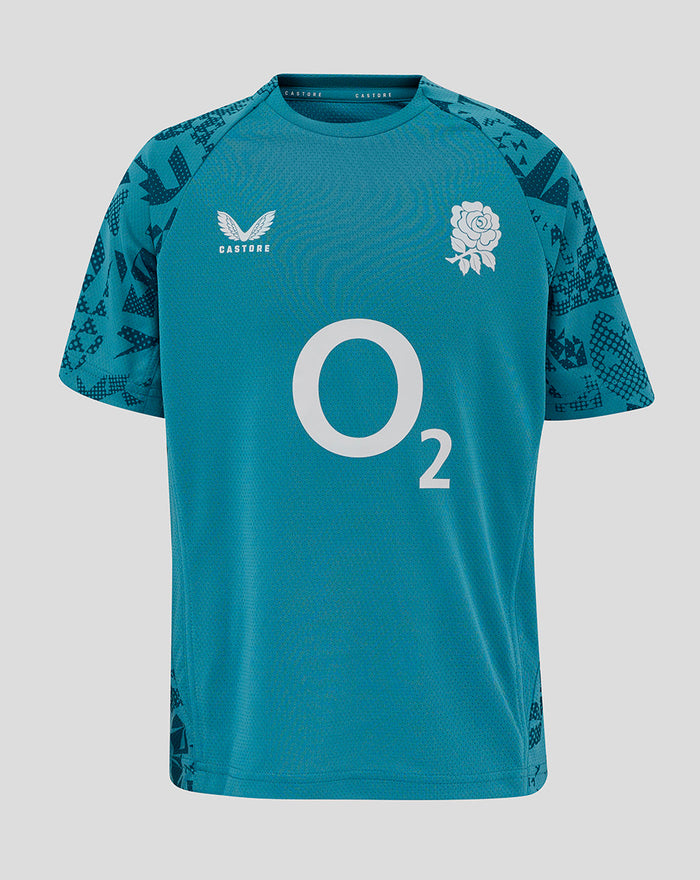 Front view of the Junior England Rugby Performance Short Sleeve Tee in Storm Blue with center O2 logo and left chest rose crest.