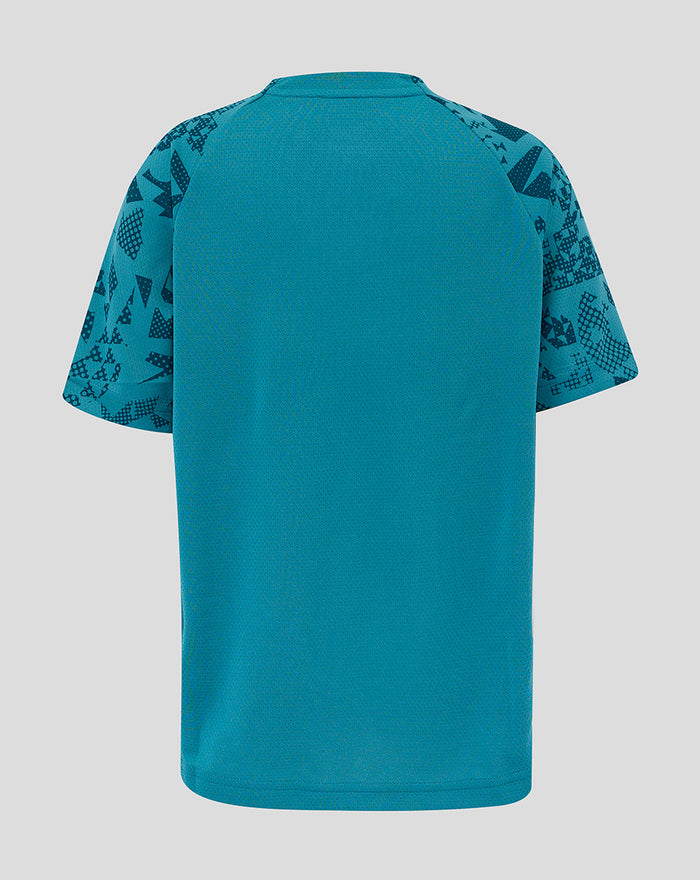 Back view of the Junior England Rugby Performance Short Sleeve Tee in Storm Blue with patterned sleeves.