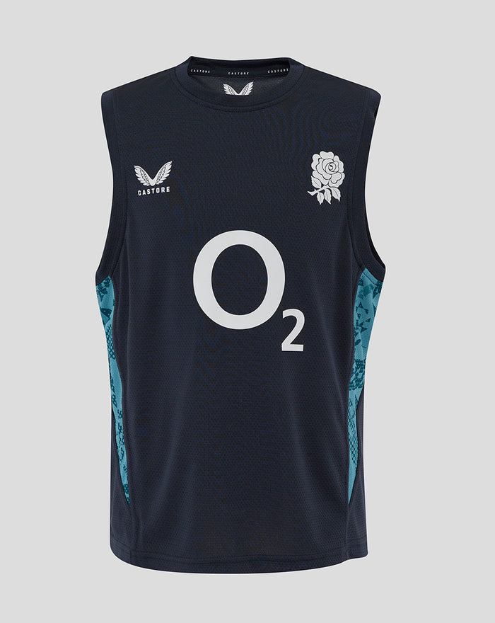 Junior navy England Rugby sleeveless T shirt with large O2 logo on front and rose crest on left chest