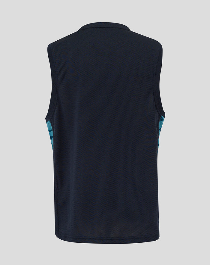 Back view of navy junior sleeveless rugby T-shirt with teal side panels.