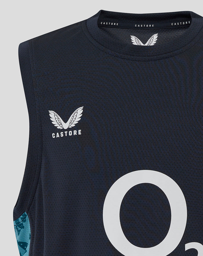 Front close-up of navy junior sleeveless rugby T-shirt with rose crest left chest O2 logo center and teal side panel.