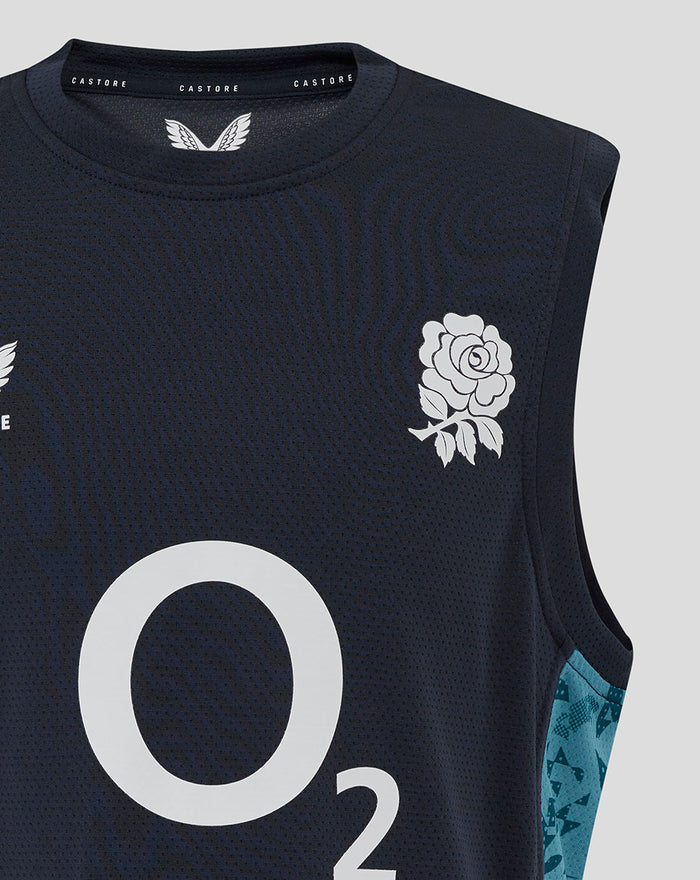 Close-up of navy junior sleeveless rugby T-shirt with rose crest on chest O2 logo center and teal side panel.