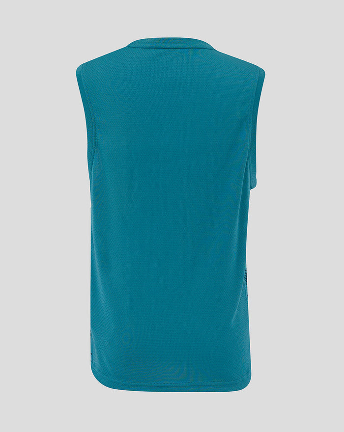 Back view of junior England Rugby sleeveless T-shirt in storm blue showing the sleeveless cut.