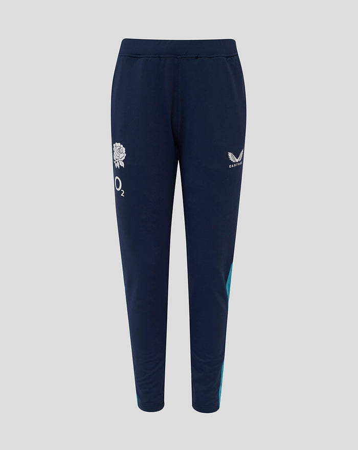 Navy junior England Rugby knit pants with Castore logo on left thigh and O2 logo and rose crest on right thigh plus teal side panel