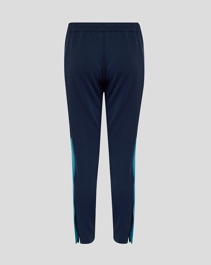 Back view of Junior England Rugby performance knit pants in Inkwell with teal side panels and ribbed cuffs