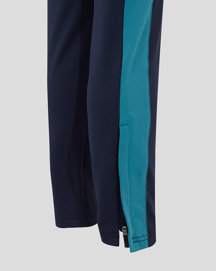 Lower leg view of Junior England Rugby pants in Inkwell with teal side stripe and ankle zip