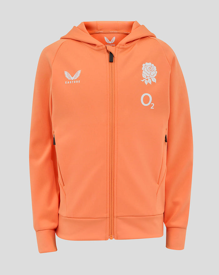 Front view of a melon colored junior England Rugby full zip hoodie with Castore logo on the left chest and a rose crest with O2 on the right chest