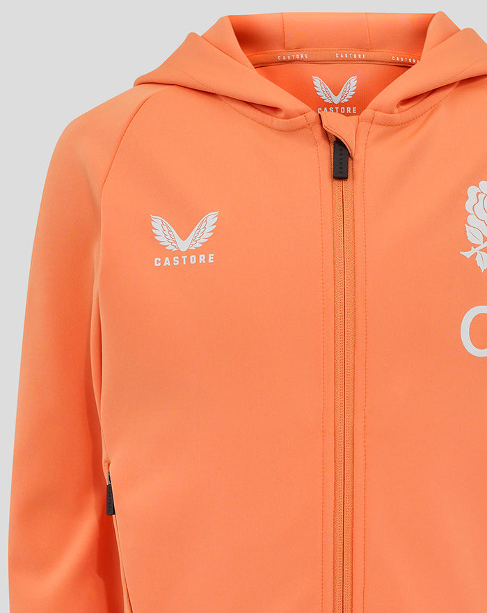 Close-up of orange junior England Rugby hoodie with front zip and chest logo details