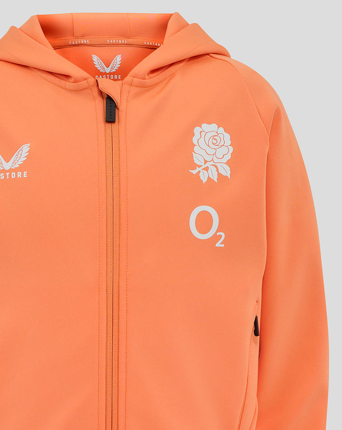 Close up of the hoodie chest area showing Castore logo on left chest and rose crest with O2 on right chest
