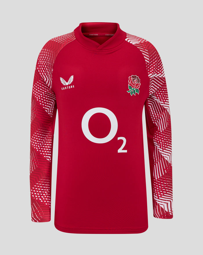 Junior England pre match drill top in red with a white rose crest on the chest and Castore logo, sleeves feature a white geometric pattern