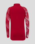 Rear view of red junior England pre match drill top with white geometric sleeve print
