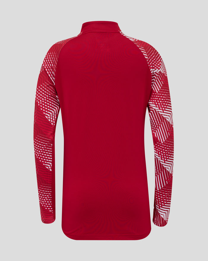 Rear view of red junior England pre match drill top with white geometric sleeve print