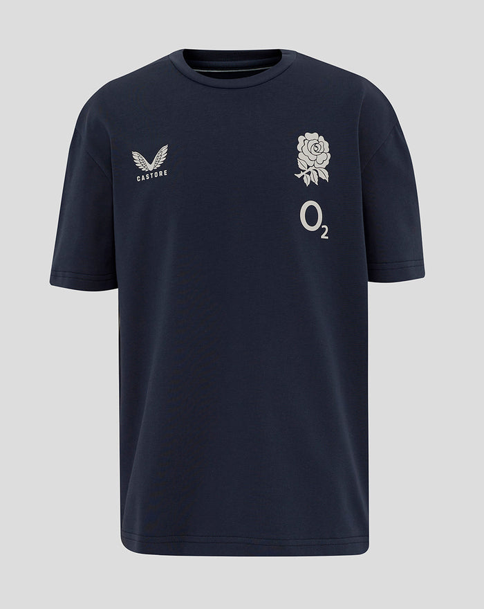 Navy junior England travel short sleeve T-shirt with rose crest on left chest and Castore logo on right chest