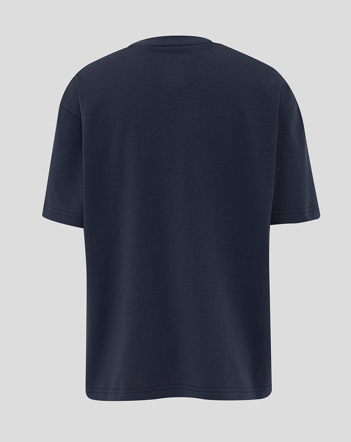 Back view of navy junior England travel short sleeve T-shirt with plain back and short sleeves