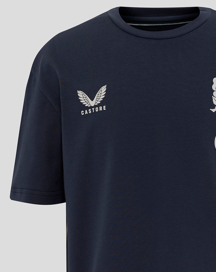 Inkwell navy Junior England Rugby Travel Short Sleeve T Shirt with left chest rose crest and right chest Castore logo
