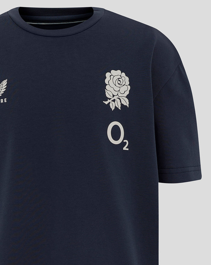 Inkwell navy Junior England Rugby Travel Short Sleeve T Shirt with left chest rose crest and right chest Castore logo